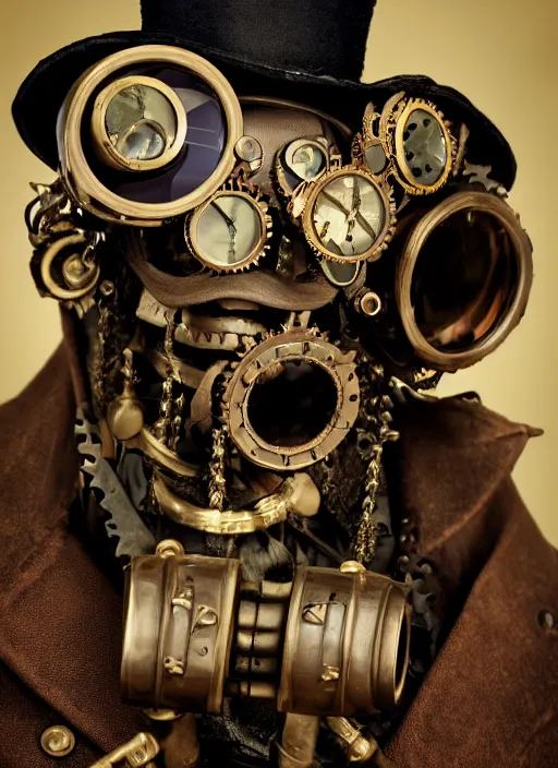 Prompt: closeup portrait of a steampunk medieval goblin wearing a top hat and goggles, depth of field, zeiss lens, detailed, symmetrical, centered, fashion photoshoot, by Annie Leibovitz and Steve McCurry, David Lazar, Jimmy Nelsson, Breathtaking, 8k resolution, extremely detailed, beautiful, establishing shot, artistic, hyperrealistic, beautiful face, octane render