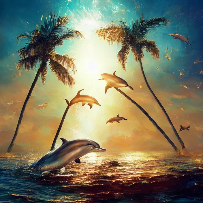 Prompt: dolphins swimming, golden hour, god rays, by artgerm and ruan jia and ismail inceoglu and greg olsen, palm trees, cosmos, milky way galaxy, masterpiece, beautiful, intricate, elegant, highly detailed