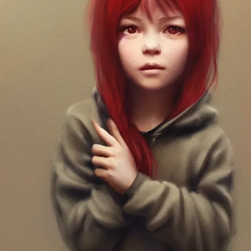 Image similar to a tiny girl with short red hair wearing a hoodie, digital art, cute face, very beautiful face, pretty face, very detailed eyes, full body illustration, 8 k resolution, soft painting, by greg rutkowski, wlop, rossdraws,