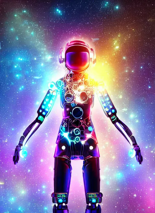 Image similar to intricate cyborg pilot girl with electromechanical robot parts, growing from electronic wall, connected made of and covered with many colorful wires, featuring beautiful detailed machined crystal eyes glowing with nebula, background glowing game server powered by galaxies. backlit luminous shiny metallic