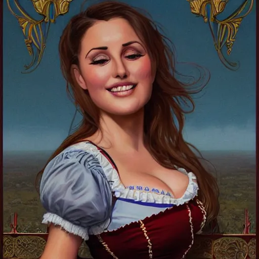 Prompt: portrait of Lucy Pinder in a dirndl, looking at camera, D&D, intricate, elegant, stylish, cute smile, mouth slightly open, fantasy, extremely detailed, digital painting, artstation, concept art, smooth, sharp focus, illustration, stunning lighting, art by artgerm and greg rutkowski and alphonse mucha and simon stalenhag.