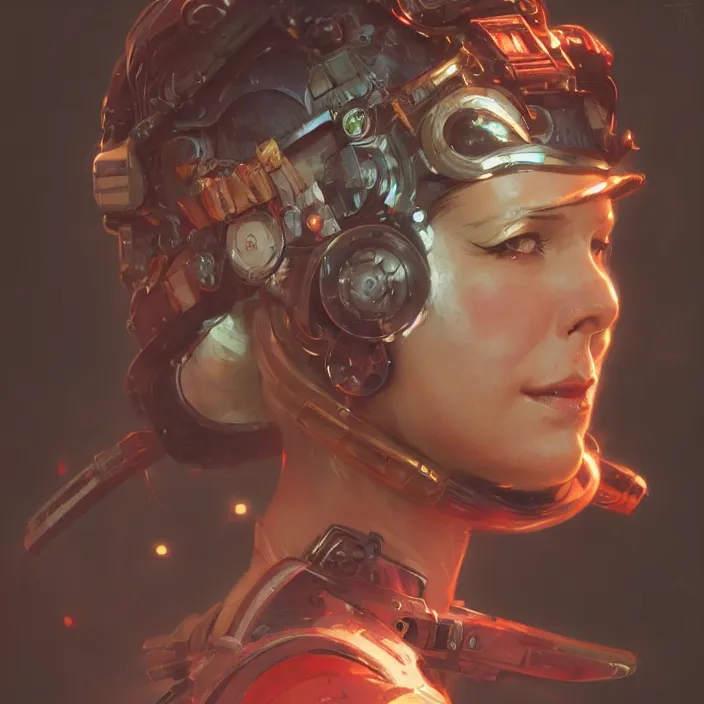 Image similar to a head and shoulders portrait of a female space pirate, neon, retro, steampunk, smooth, sharp focus, intricate, artstation, detailed concept art by Greg Rutkowski and Norman Rockwell and artgerm and Beksinski