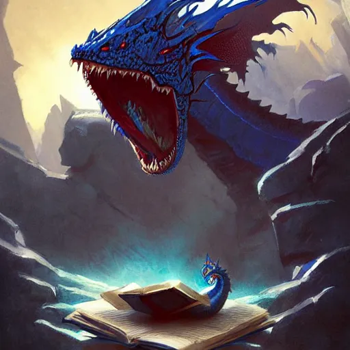 Prompt: blue dragon sitting on a hoard of books, fantasy, dnd, art by greg rutkowski