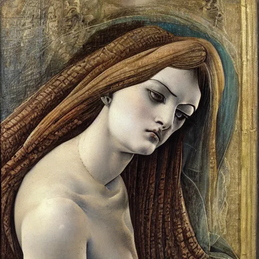 Prompt: intricate, lonely woman in street, detailed, by sandro botticelli, gaston bussiere, h. r. giger, masterpiece, sharp focus,