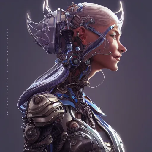 Image similar to side view of a cyborg woman, D&D, fantasy, intricate, elegant, highly detailed, digital painting, artstation, concept art, matte, sharp focus, illustration, hearthstone, art by Artgerm and Greg Rutkowski and Alphonse Mucha