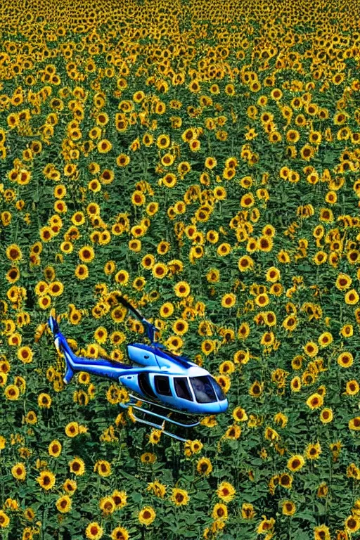 Prompt: Helicopter landing in a sunflower field, five people waiting on the land in suits