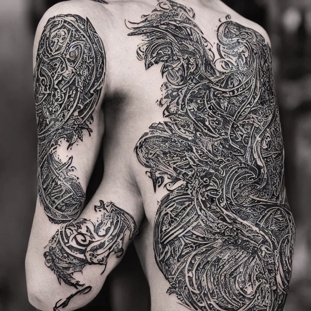 Image similar to photograph of a sleeve tattoo, black ink, intricate celtic pattern in the shape of a raven, highly - detailed, beautiful, award winning, 8 k
