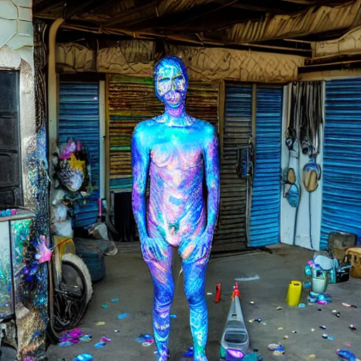 Image similar to a human standing in his garage, covered with iridescent bodypaint, shells and barnacles