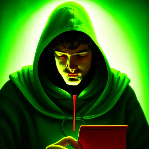 Image similar to portrait of a programmer with green hood by greg rutkowski, neon light, close up