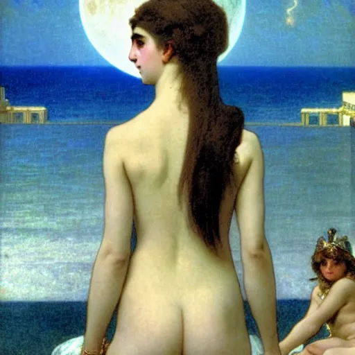 Image similar to Moon girl at the palace, thunderstorm, greek pool, beach and palm trees on the background major arcana sky, by paul delaroche, alphonse mucha and arnold böcklin arnold böcklin hyperrealistic 8k, very detailed