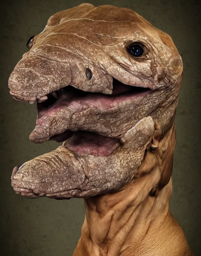 Prompt: portrait of muscular animal human merged head skin, solid background, scales skin dog, cat merged elephant head cow, chicken face morphed fish head, gills, horse head animal merge, morphing dog head, animal eyes, merging crocodile head, anthropomorphic creature