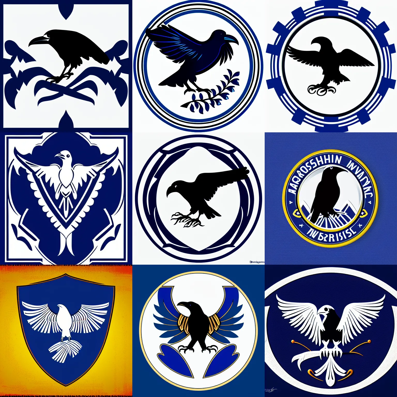 Prompt: georgian style emblem portraying a raven, corporate logo, art deco, stylized, iconic, vector art, two - tone, clean lines, ultramarine blue and titanium white