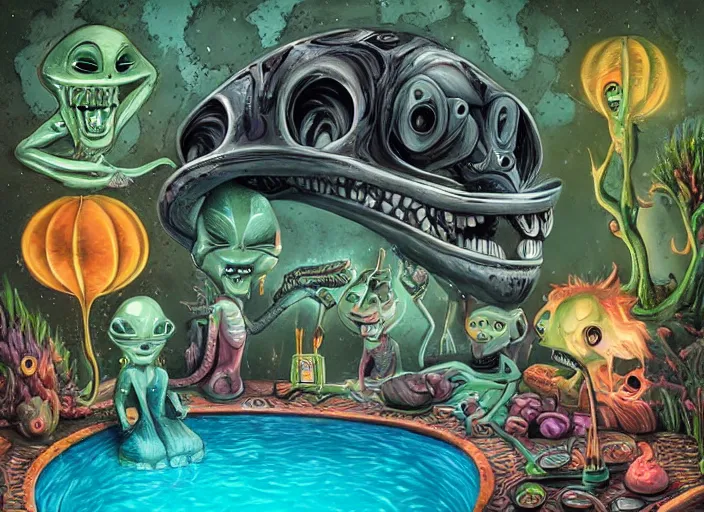 Image similar to 👽 aliens by a cave pool, lowbrow, amazing colorful background, digital art, concept art, in the style of mark ryden, 3 - d 4 k,