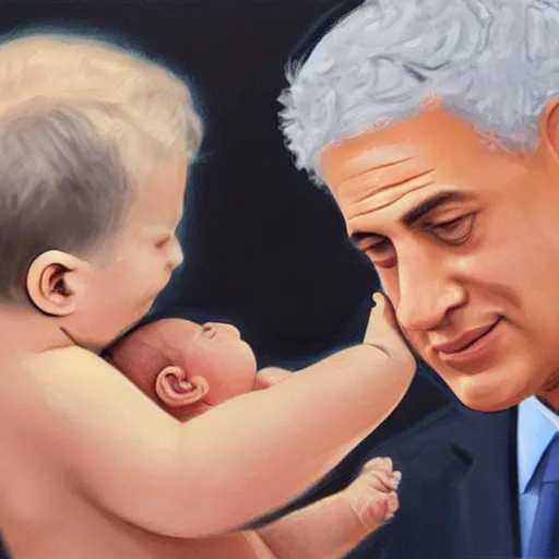 Image similar to benjamin netanyahu as a baby being breast fed by yair lapid. digital painting, high detail, 8 k, film still
