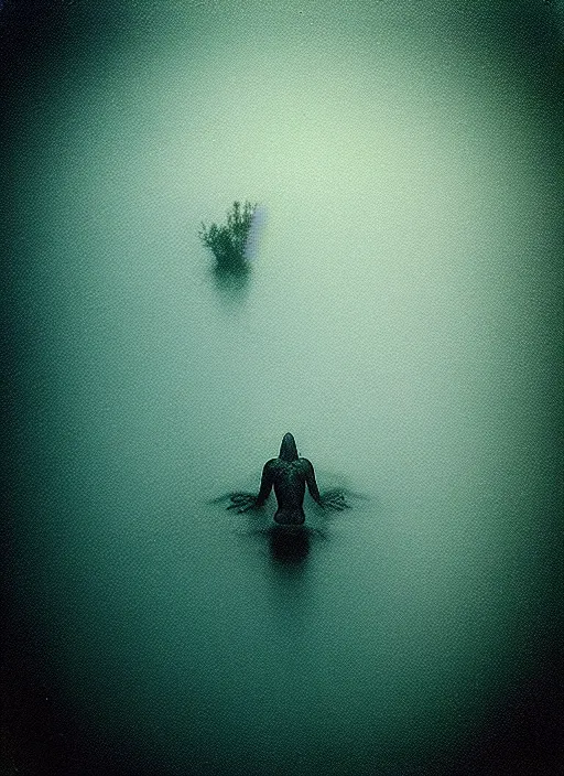 Image similar to “semitranslucent frog body vertically hovering over misty lake waters in jesus christ pose, low angle, long cinematic shot by Andrei Tarkovsky, paranormal, eerie, mystical”