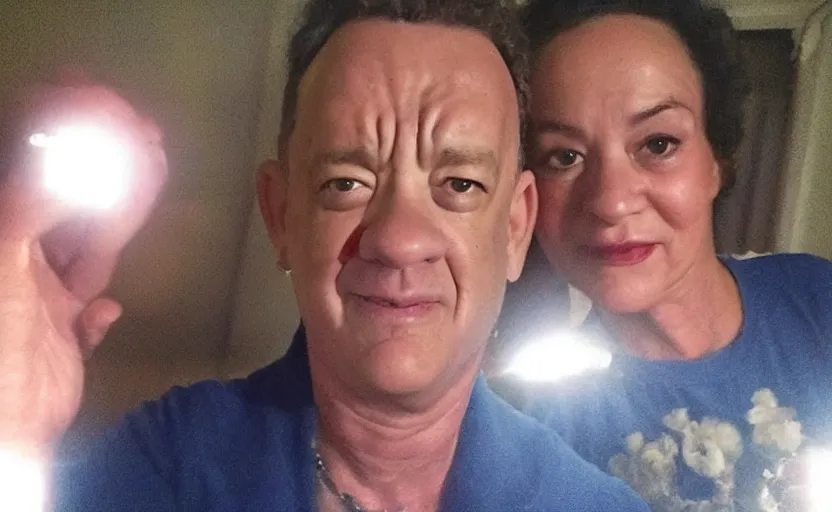 Image similar to my auntie that barely look like tom hanks if he was poor asf accidentally taking a selfie, front camera, camera flash is so bright in his face, viral, selfie, viral on twitter, viral on instagram, viral photo