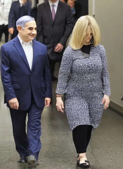 Image similar to midget benjamin netanyahu walking next to giant sarah netanyahu