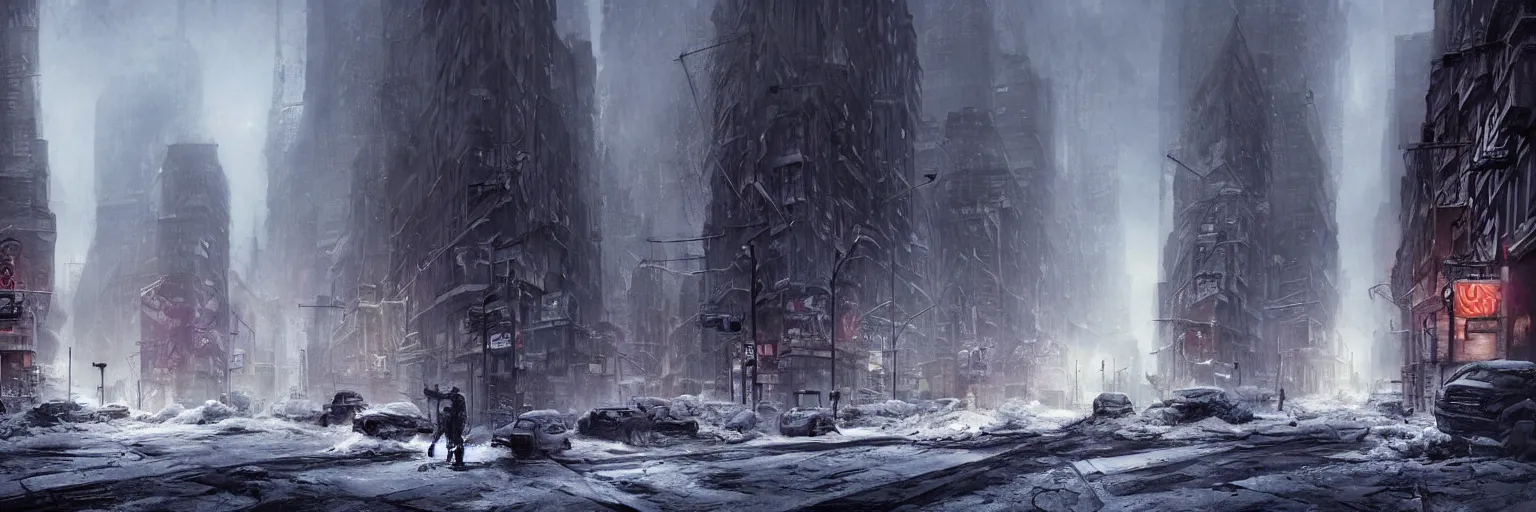 Image similar to Street in post apocalyptic Manhattan new york after a Blizzard, snow Storm, dramatic lighting, cinematic, establishing shot, extremly high detail, photo realistic, cinematic lighting, post processed, concept art, artstation, matte painting, style by eddie mendoza, raphael lacoste, alex ross