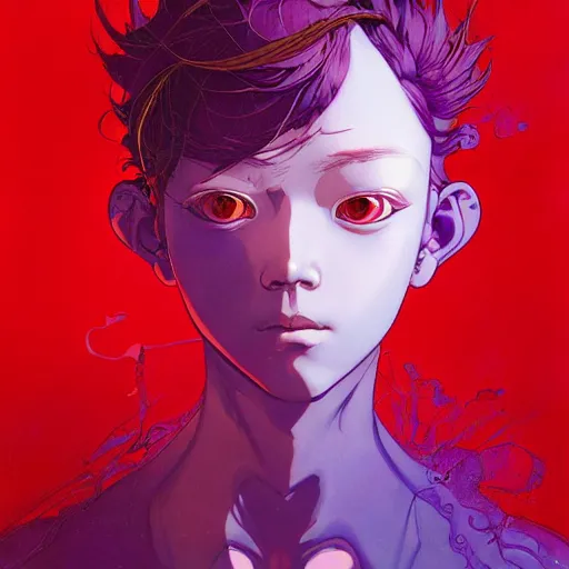 Image similar to prompt : purple and red character portrait soft light painted by james jean and katsuhiro otomo and erik jones, inspired by akira anime, smooth face feature, intricate oil painting, high detail illustration, sharp high detail, manga and anime 1 9 9 9