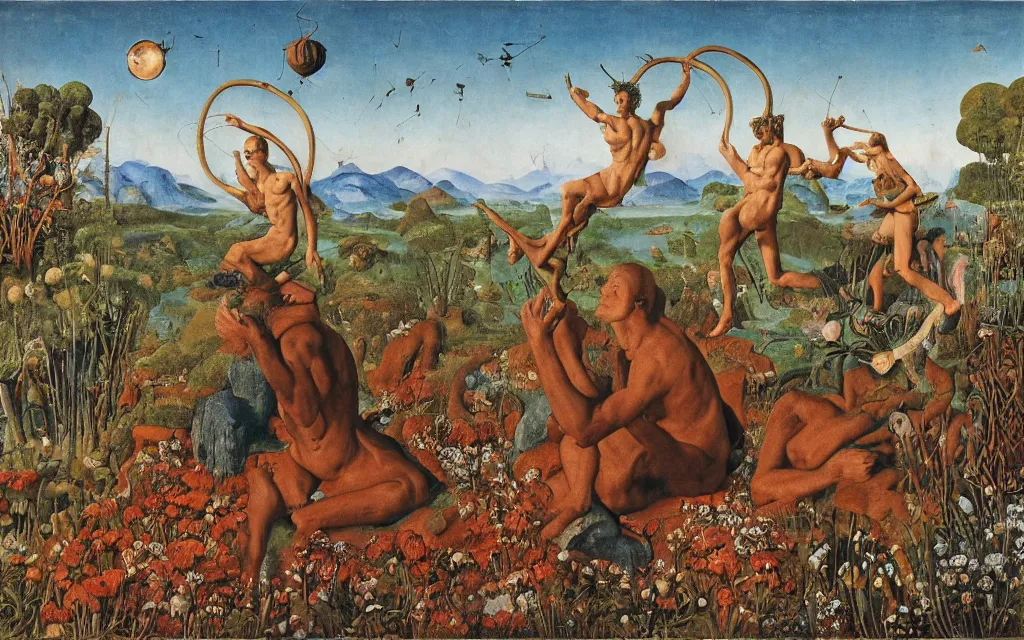 Image similar to a portrait photograph of a meditating satyr and a centaur monk riding a rocket machine and hunting at a river delta. surrounded by bulbous flowers and trees. mountain range under a blue sky of fiery stars. by jan van eyck, max ernst, ernst haeckel, ernst fuchs and artgerm, cgsociety, fashion editorial, 8 k