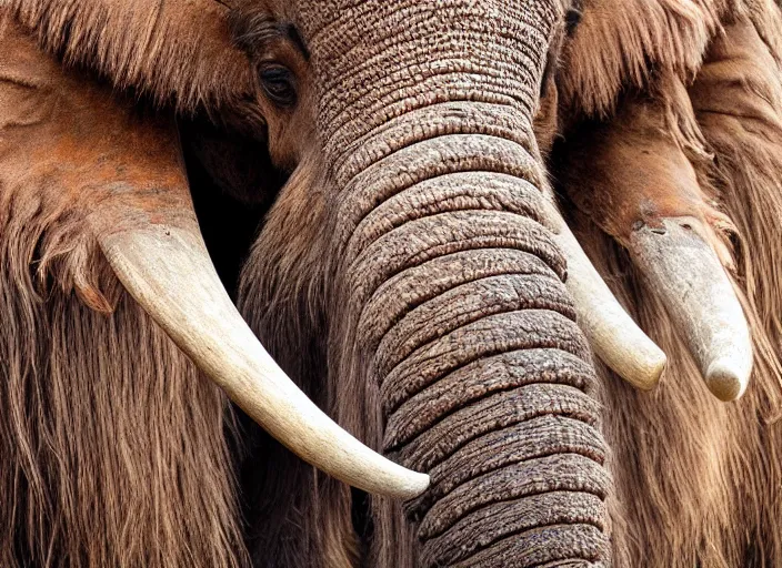 Prompt: closeup of a very wooly brown hairy mammoth, ((elephant)), mastodon, mammoth, detailed fur, zoo photography, National Geographic, HD,
