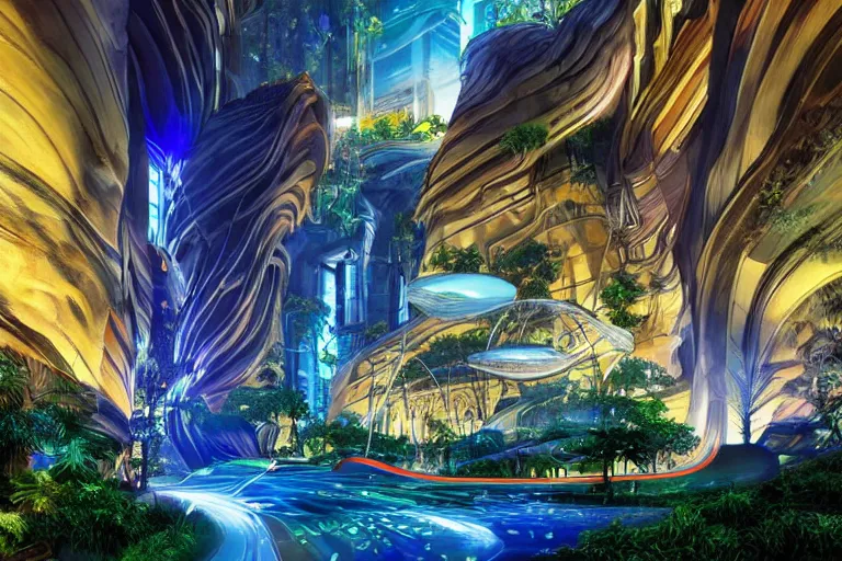 Image similar to futuristic cyberpunk city with Singaporean lush garden with royal blue and green and white and luxurious gold colors, advanced civilization, high-end street Antelope canyon, rocks formed by water erosion, walls made of beautiful smooth sandstone light beams that shine, polish narrow slots of walls into a striated swirling finish, digital painting, concept art, smooth, sharp focus, from Star Trek 2021, illustration, by WLOP and Ruan Jia and Mandy Jurgens and William-Adolphe Bouguereau, Artgerm