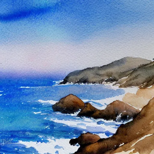 Image similar to a beautiful watercolor and pen painting of the california coastline