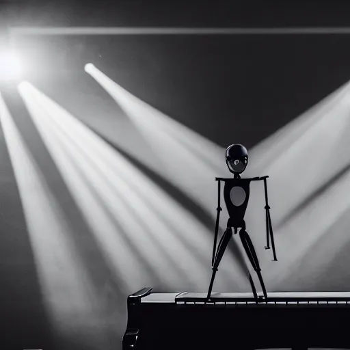 Image similar to a plain slender humanoid robot playing a piano in a large empty concert hall. Distance shot, spotlight, dramatic lighting, award winning photo, serious mood, trending