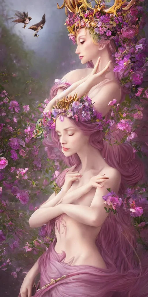 Image similar to A beautiful fantasy empress, full body, just one head, flower tiara, long hair, wearing dramatic aristocrat robe, delicate figure, field of fantasy flowers, foxes and deer, epic composition, ultra wide-shot, dynamic pose, concept art, dramatic lighting, digital painting, smooth, character design, sharp focus, elegant, intricate, trending on artstation, by WLOP and James Jean and Victo Ngai