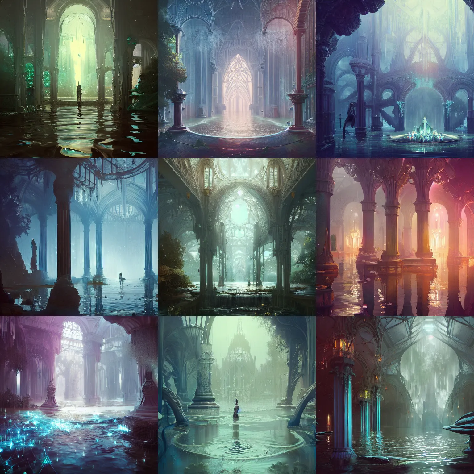 Prompt: beautiful flooding victorian crystal palace, water flowing from side of pillars, crystals, light dust, by peter mohrbacher dan mumford craig mullins nekro, cgsociety, pixiv, volumetric light, 3 d render