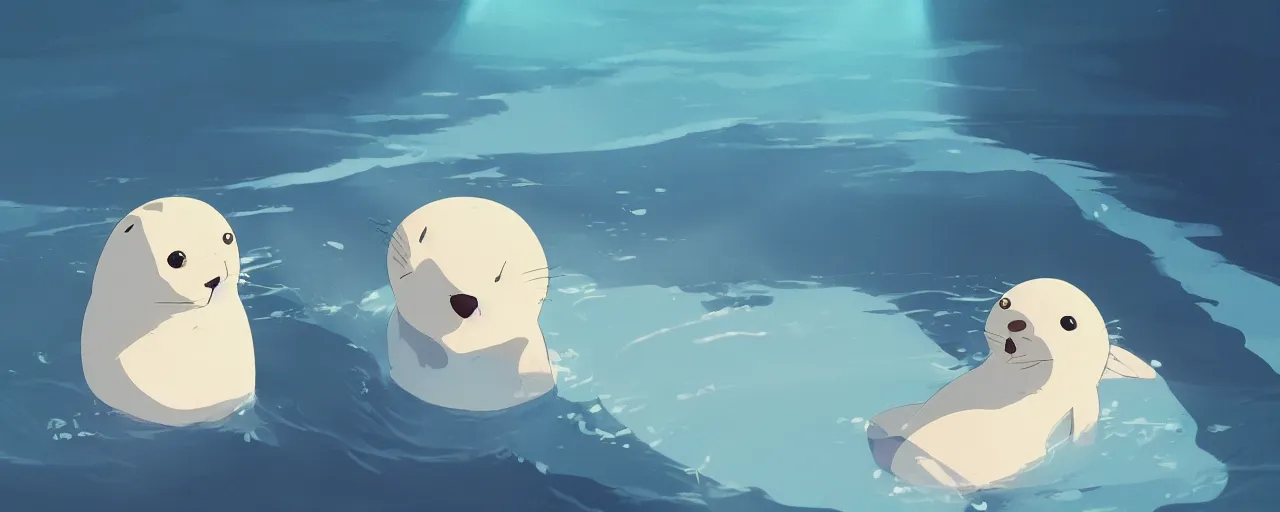 Image similar to a baby harp seal swimming in a tropical river, atey ghailan, goro fujita, studio ghibli, rim light, bright lighting, clear focus, very coherent