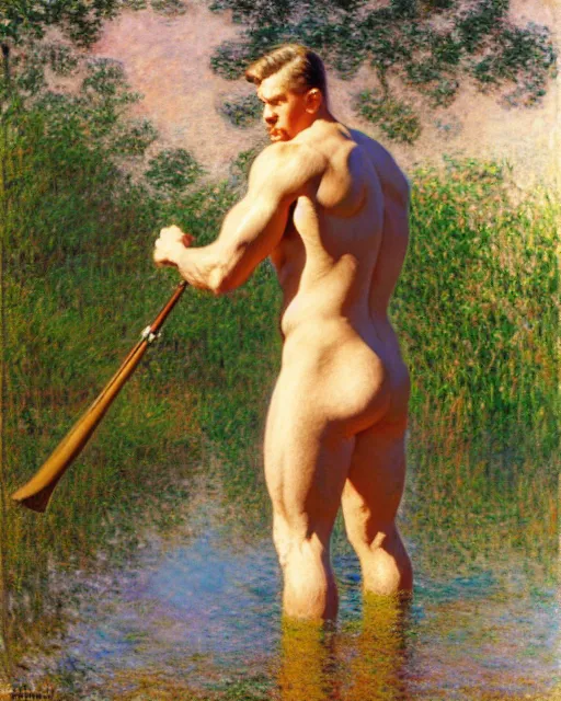 Image similar to muscular soldier wading through a river, long rubber wading boots, sunlight shining on his skin, reflective water, painting by tom of finland, gaston bussiere, craig mullins, j. c. leyendecker, claude monet