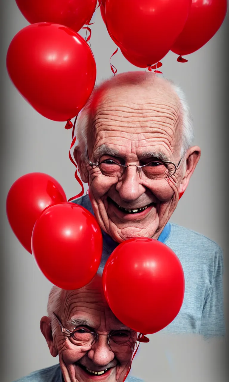 Image similar to waist up portrait of smiling old man with red balloons, highly detailed, digital painting, concept art, smooth, sharp focus, epic composition, award winning photography, gothic art, artstation, concept art, beautiful render, art by artgerm and wlop