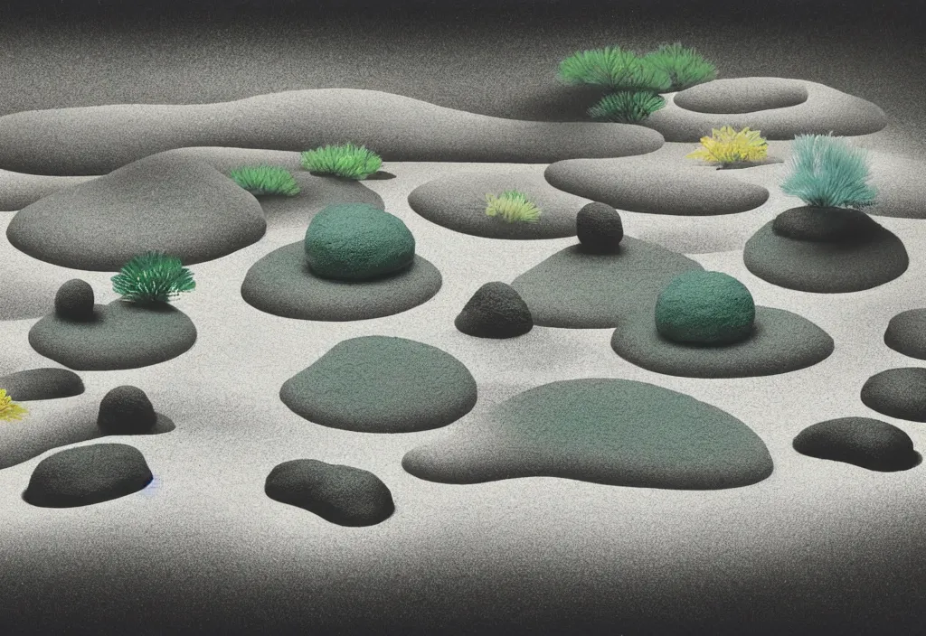 Image similar to zen garden kyoto, japan, a collage painting, in the style of wes anderson, lola dupre, david hockney, isolated on negative white space background dark monochrome fluorescent neon spraypaint accents volumetric octane render