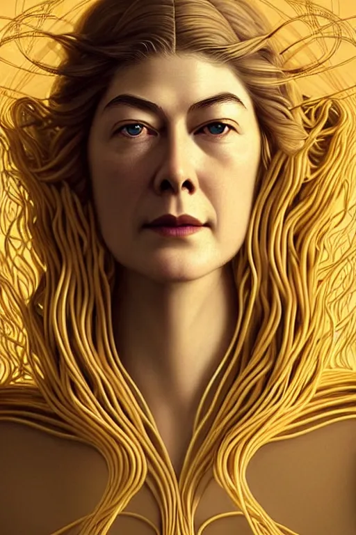 Image similar to young rosamund pike portrait as the flying spaghetti monster god, art deco, fantasy, intricate art deco designs, elegant, highly detailed fractals, sharp focus, art by artgerm and beeple and greg rutkowski and wlop