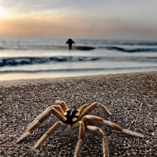 Prompt: a realistic photo of a wolf spider on the beach