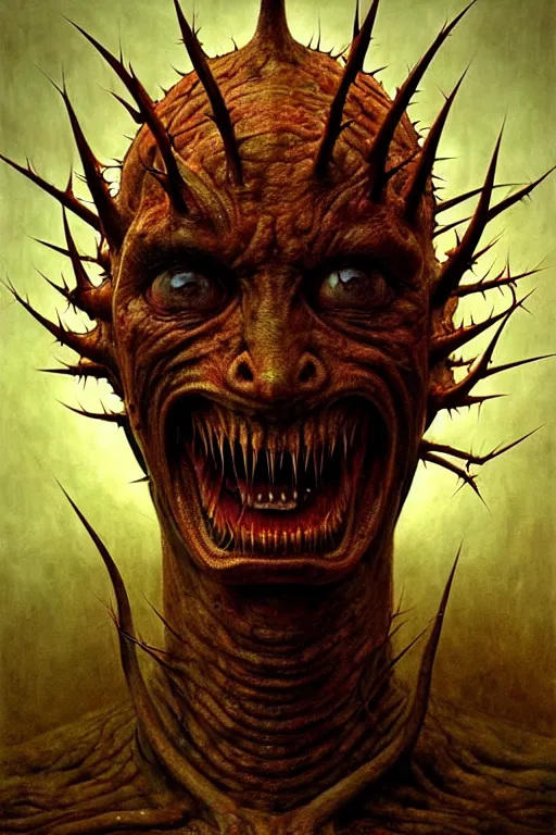 Prompt: perfectly - centered horror portrait - photograph of a brutal scary terrifying ugly monstrous alien goblin creature real life portrait by beksinski and jean delville, huge fangs, sharp thorns, biomorphic, slimy pus oozing specular, unreal engine 5, photorealism, hd quality, 8 k resolution, cinema 4 d, hdr dramatic cinematic lighting