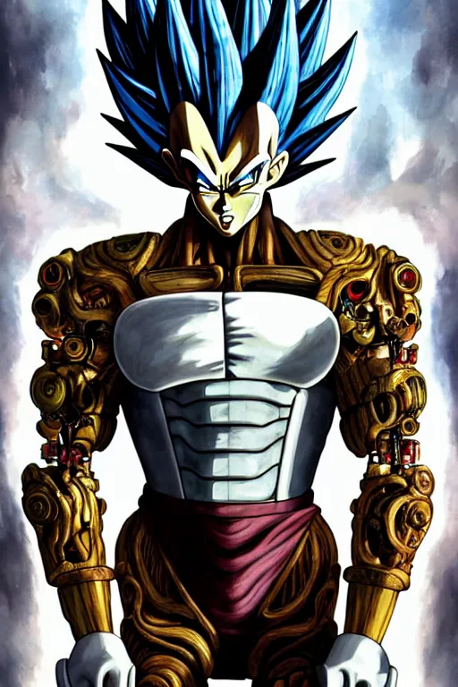 Prompt: vegeta as a organic cyborg, diffuse lighting, fantasy, intricate, elegant, highly detailed, lifelike, photorealistic, digital painting, illustration, concept art, smooth, sharp focus, art by john collier and albert aublet and krenz cushart and artem demura and alphonse mucha