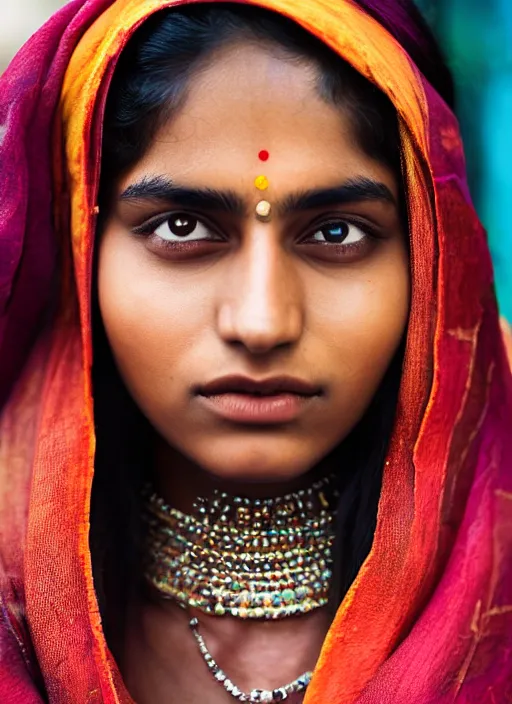 Image similar to color portrait Mid-shot of an beautiful 20-year-old Indian woman, street portrait in the style of Mario Testino award winning