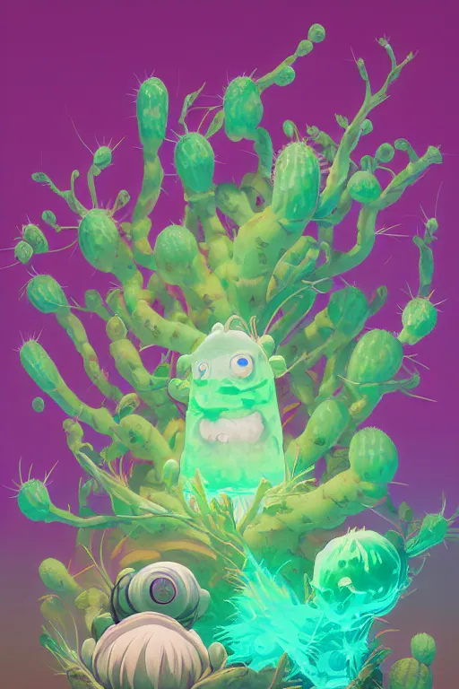 Image similar to roots cactus sushi cristal smurf ghost creature animal sushi cristal very big eye roots cactus elemental flush of force nature micro world fluo fishscale, behance hd by jesper ejsing, by rhads, makoto shinkai and lois van baarle, ilya kuvshinov, rossdraws radiating a glowing aura global illumination ray tracing hdr