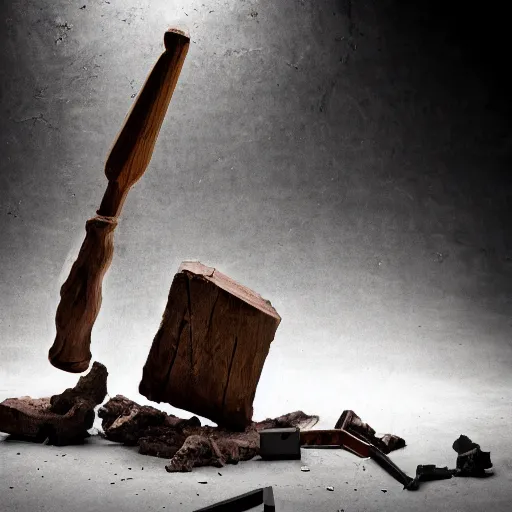 Prompt: studio photography of a wooden hammer smashing into a smashed ancient idol statue getting hammered into pieces, cracked, destroyed, dramatic lighting