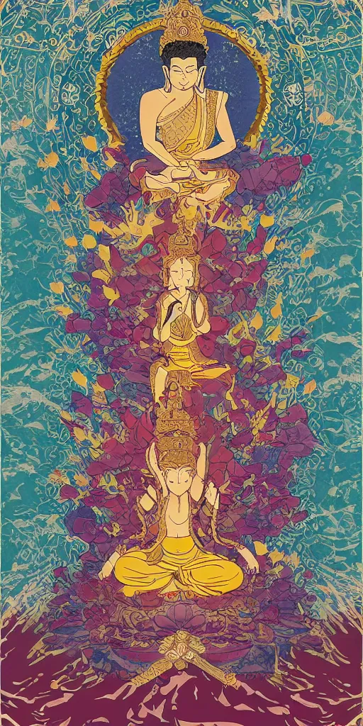 Image similar to buddha sitting on a throne of ice surrounded by lotus flowers drawn by studio trigger, in the style of Little Witch Academia, spiritual enlightenment, tarot card, Tarot card the Hierophant,