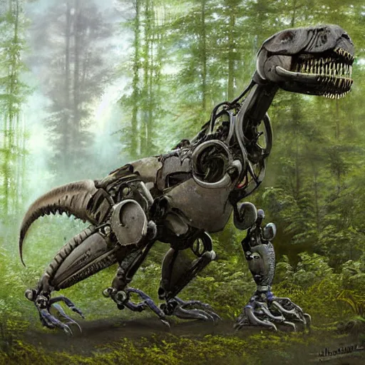 Prompt: A robotic hybrid of a T-Rex strolling along a lush green forest, machine parts exposed all over the T-Rex body, sci-fi concept art, highly detailed, oil on canvas by James Gurney