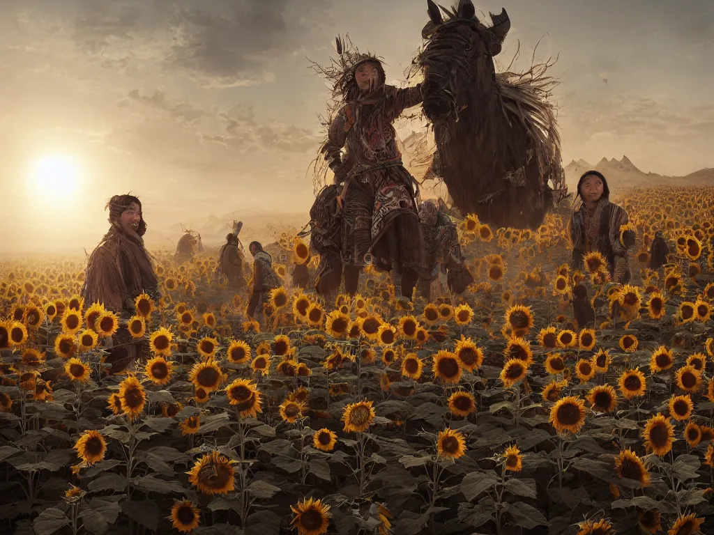 Image similar to a portrait of the mighty sunflower people, a nomadic mongolian tribe that follows the sun in a vast barren valley full of withered helianthus, and build huts using dry roots, by Greg Rutkowski, Sung Choi, Mitchell Mohrhauser, Maciej Kuciara, Johnson Ting, Maxim Verehin, Peter Konig, Bloodborne, macro lens, 35mm, 8k photorealistic, cinematic lighting, HD, high details, atmospheric