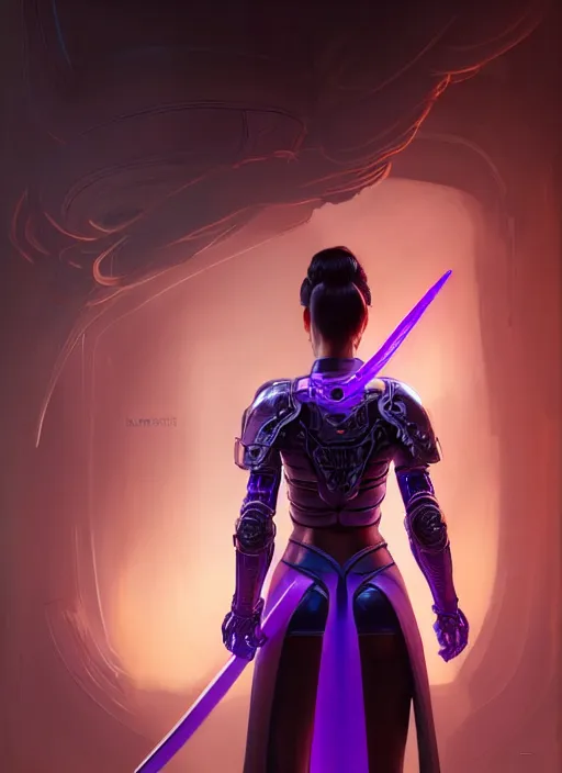 Prompt: portrait, back shot, looking away from viewer, woman with long black ponytail, wearing sci - fi leather armor, glowing purple katana, intricate, elegant, glowing lights, highly detailed, digital painting, artstation, concept art, smooth, sharp focus, illustration, art by wlop, mars ravelo and greg rutkowski