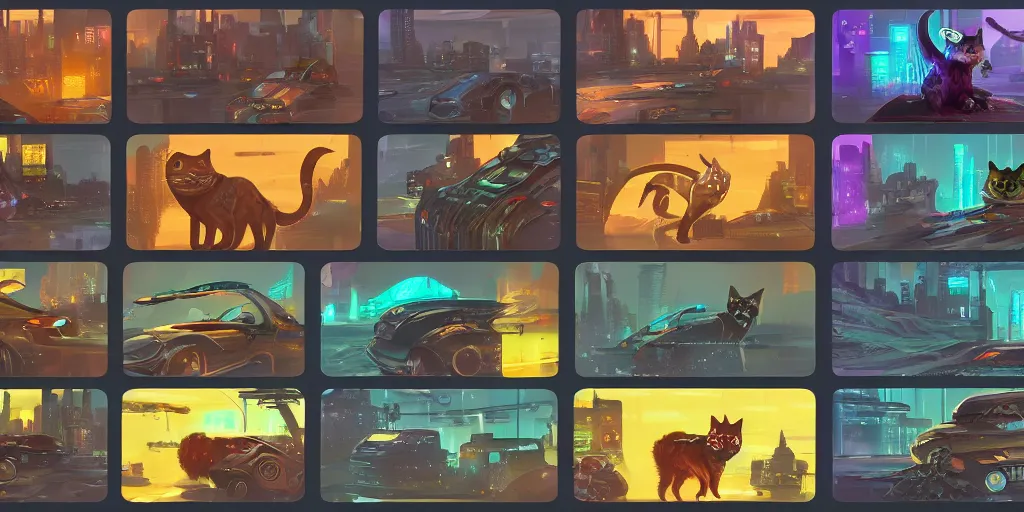 Prompt: card design concept art for a cyberpunk game about cats and cars and monsters, symmetrical, magic, by settlers of catan and cosmic encounters and fantasy fights