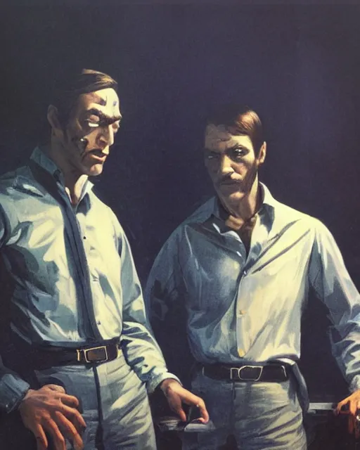 Prompt: two handsome but sinister men wearing oxford shirts in dead space, with haunted eyes, 1 9 7 0 s, seventies, wallpaper, a little blood, moonlight showing injuries, delicate embellishments, painterly, offset printing technique, by brom, robert henri, walter popp