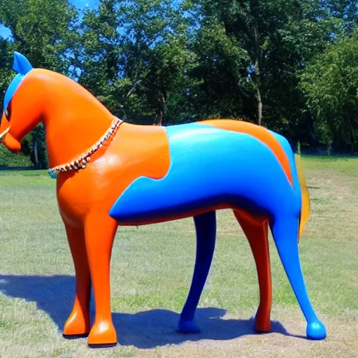 Image similar to a craigslist post selling a giant orange horse in a blue field