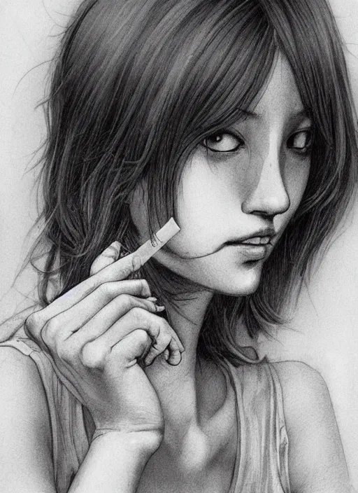 Image similar to portrait of a beautiful girl smoking a cigarette, by takehiko inoue and kim jung gi and hiroya oku, masterpiece illustration, ultrarealistic, realistic hand reference, perfect face and anatomy, golden ratio