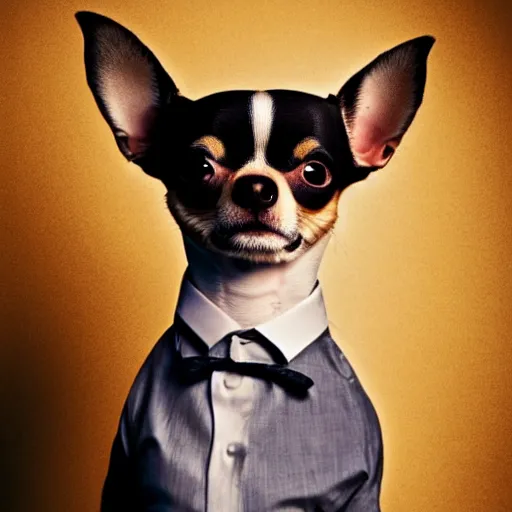 Prompt: a chihuahua dog dressed as a stern boss of a company, dramatic lighting, eccentric and moody - in the style of david fincher